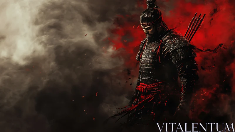 Stormforged samurai sinking into crimson memory fog.