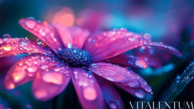 Neon bokeh macro of dew-covered pink daisy petals at dusk