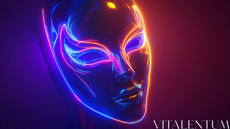 Neon outlined chrome mask on vivid purple gradient background.