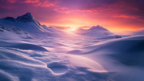 Snow-covered mountains under vivid winter sunset light.