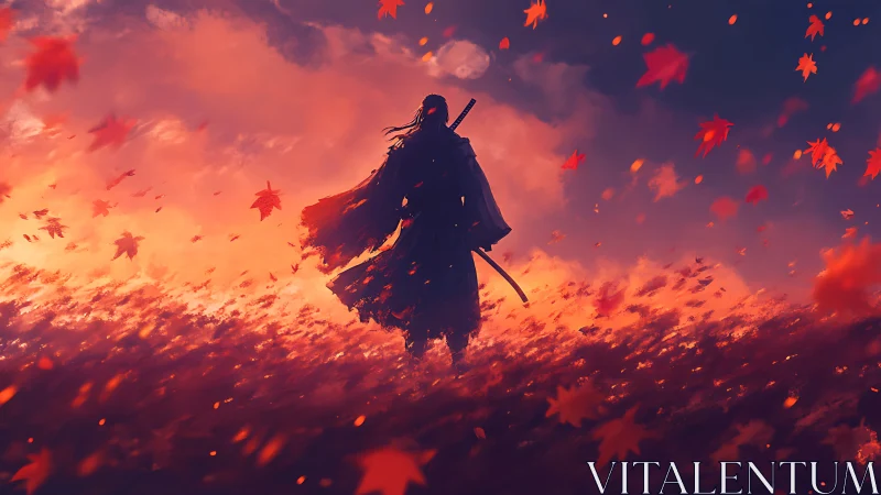 Lone samurai silhouette walks through emberlit autumn field