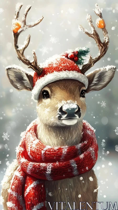 Digital painting of festive reindeer in winter portrait frame.
