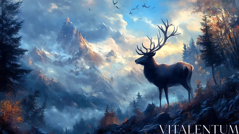 Majestic stag surveys misty mountain range at sunrise