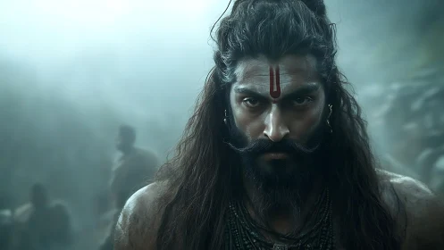 Warrior mystic gazes through mist with quiet, fierce resolve.