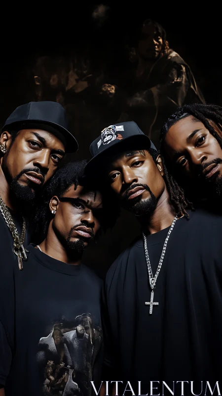 Photoreal group portrait with dramatic low-key studio lighting.