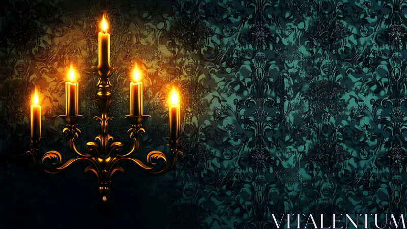 Five lit candles extend from ornate brass wall candelabra