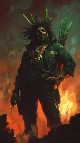 Postapocalyptic gunslinger with cactus pack amid inferno