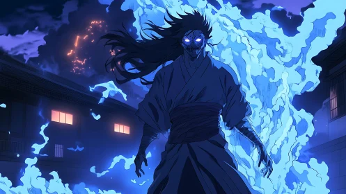 Humanoid figure with blue spectral flames in urban nightscape.