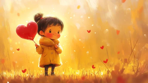 Child Figure Holding Red Heart in Golden Field Setting.