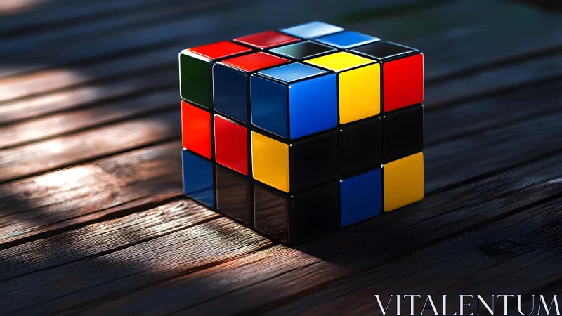 Colorful puzzle cube resting in soft wooden sunlight.