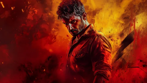 Brooding hero dominates fiery cinematic digital portrait.