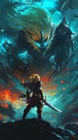 Warrior confronts colossal elemental creature in storm sky