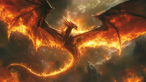 Firelit sky dancer, a blazing dragon in stormy twilight.