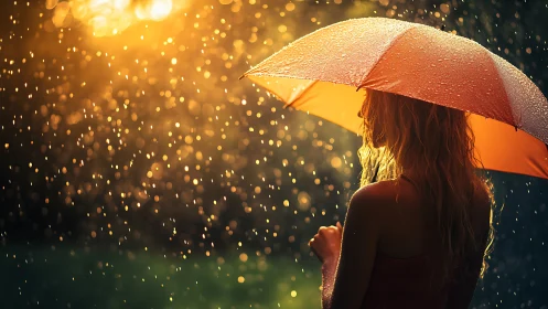 Woman under orange umbrella in golden summer rain.