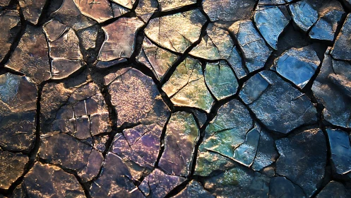 Fragmented iridescent surface shows cracked, light-reflective pattern