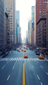 Central urban avenue displays linear traffic and tall buildings