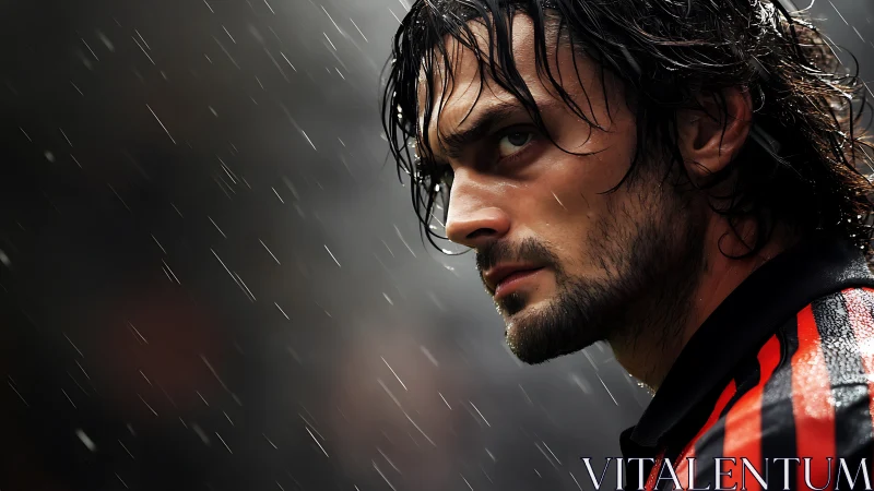 Intense soccer player portrait in rain with striped jersey.