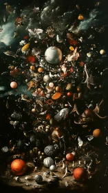 Surreal celestial vortex of birds, planets and debris.