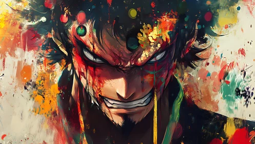 Ferocious anime portrait with explosive abstract paint splashes