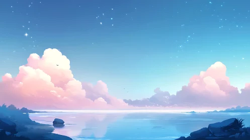 Cotton-candy clouds drift lazily above a glassy twilight sea