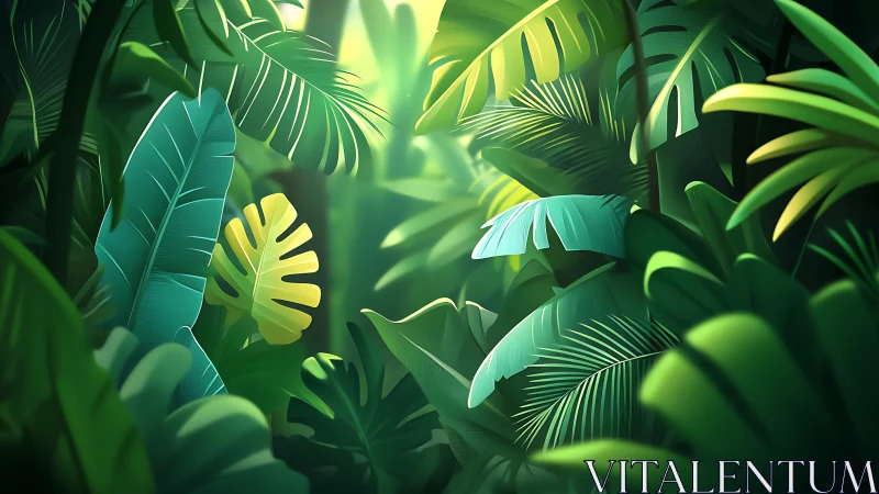 Sunlit stylized tropical jungle with dense green foliage.