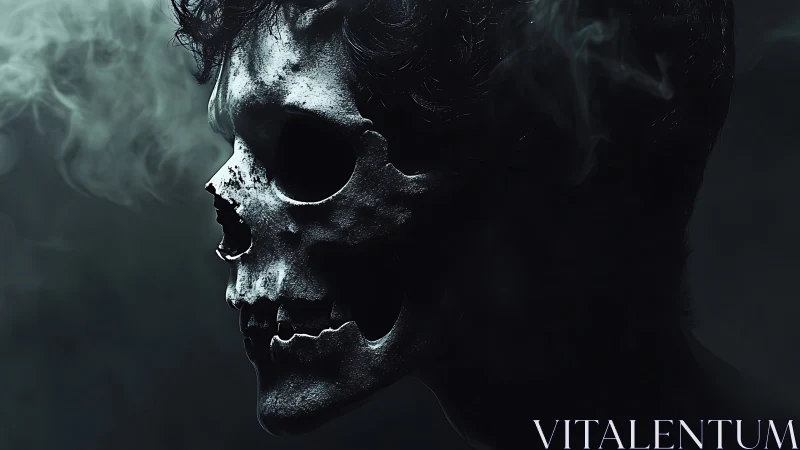 Skull-faced silhouette in drifting smoke, moody side profile.