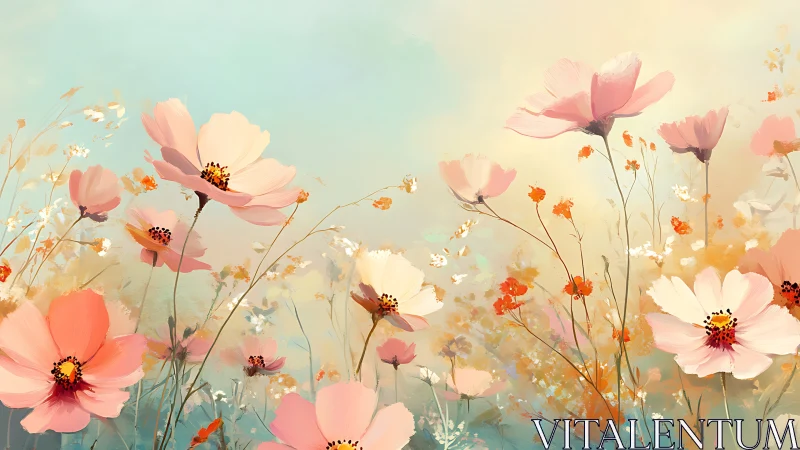 Wildflower Field Composition with Pink and White Blooms