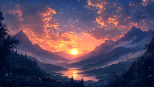 Emberlit valley sunset cradled by dream-forged mountains.