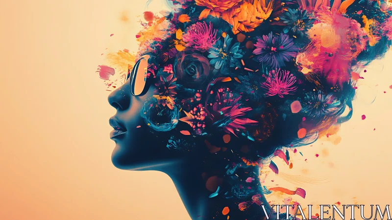 Profile silhouette with abstract floral explosion and color.