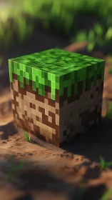 Voxel grass block catches warm sunset rim light outdoors.