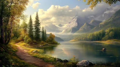 Golden forest path welcomes calm beside a quiet mountain lake