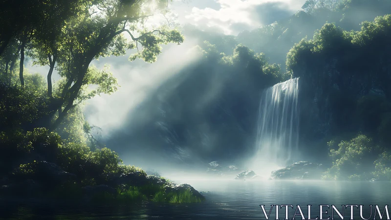 Luminous waterfall cascades through misty forest sanctuary.