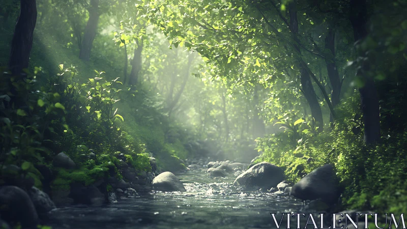 Luminous Forest Stream Beneath Verdant Canopy.