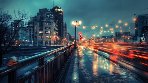 Rain-soaked city bridge glows with neon traffic trails.