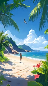 Figure standing on tropical beach with palm framing and ocean vista.