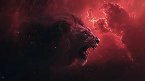 Celestial lion roars within a blood-red cosmic storm.