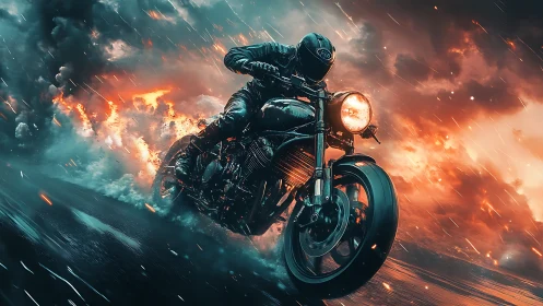 Motorcyclist charges through storm and fire in cinematic rush