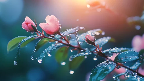 Pink Camellia Blossoms with Hydrophobic Droplet Suspension