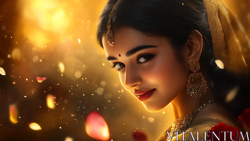 Golden-hour portrait of adorned woman in warm bokeh glow