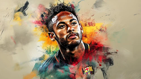 Digital portrait of football player with abstract paint background.