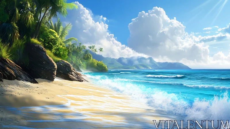 Tropical Shoreline with Palmfronds, Mountain Range, and Dynamic Wave Action