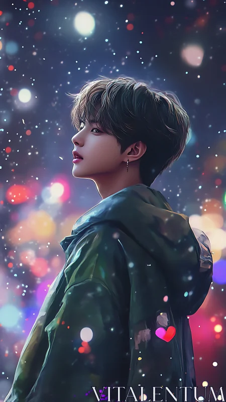 Dreamy side-profile youth in neon bokeh nightscape illustration.