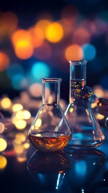 Photorealistic lab glassware with bokeh-lit chromatic background.