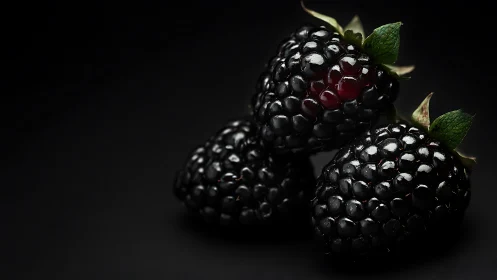 Studio closeup isolates three glossy blackberries on matte black