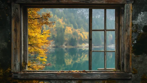 Old wooden window framing calm autumn lake and forest scene.