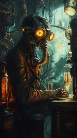 Steampunk gas-mask operator in retro-futurist laboratory interior