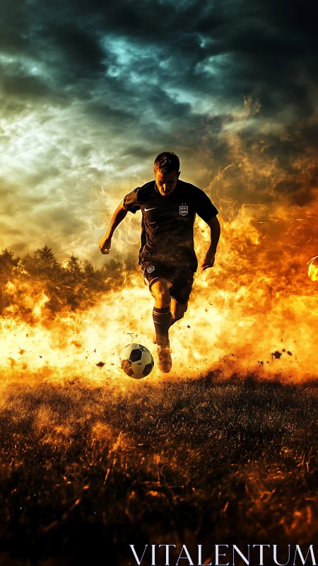 Photorealistic flaming soccer sprint with dynamic motion framing.