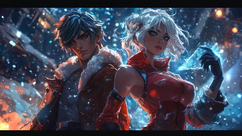Anime duo in snowy neon city holding shard of ice.