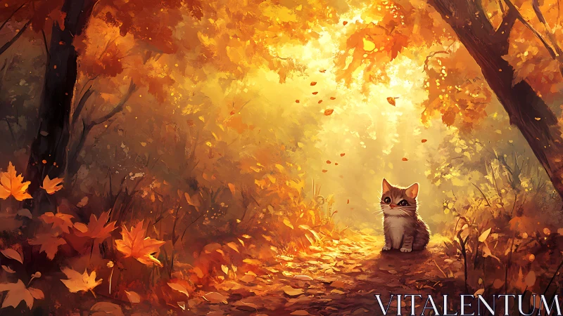 Backlit autumn forest corridor frames small cat in warm haze