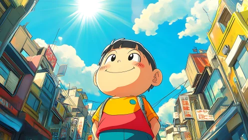 Sunlit low-angle anime boy dominates vibrant urban alleyway